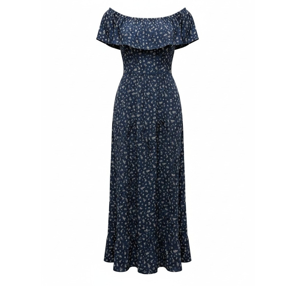 Style & Co Maxi Dress Sz XXL Navy Romantic Floral Ruffle Boho Cottagecore NEW
